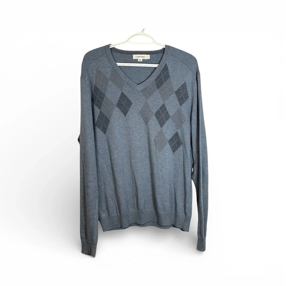 Calvin Klein Men's V-Neck Argyle Sweater Long Sleeve 100% Pima Cotton Blue Large